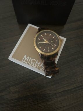 Michael Kors Brown Tortoiseshell Bracelet Watch with Gold Accents